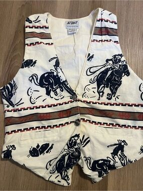 Vintage At Last Cream Vest with Navy Rodeo Print and Brown Stripes RARE! Sz med